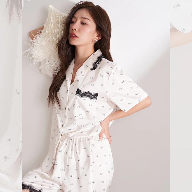 2023 Pajamas for Women's Summer Thin Lace Small Bow Short-sleeved Shorts Home Service Suit Can Be Worn Outside Casual Sleepwear