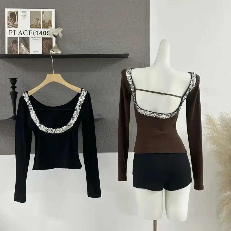 MiiiiX повседневная нижняя рубашка с блестками и открытой спиной U-образным вырезом