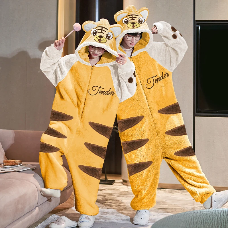Couples Pajamas Jumpsuits  Women Men Adult Winter Thicken Hoodies Pyjamas Sleepwear Anime Cat Korean Loose Onesie Soft Warm Home