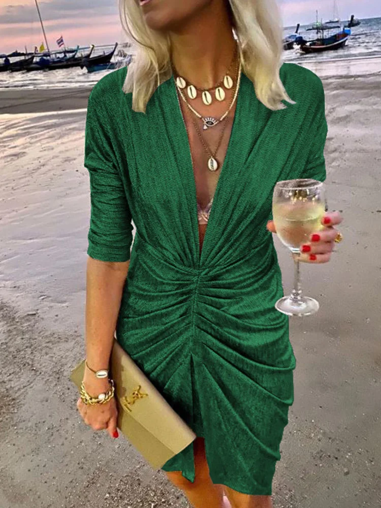 

2022 Sexy Deep V Neck Draped Silk Party Dress Women New Elegant Slim Slit Mini Dress Spring Autumn Casual Solid Bodycon Dresses