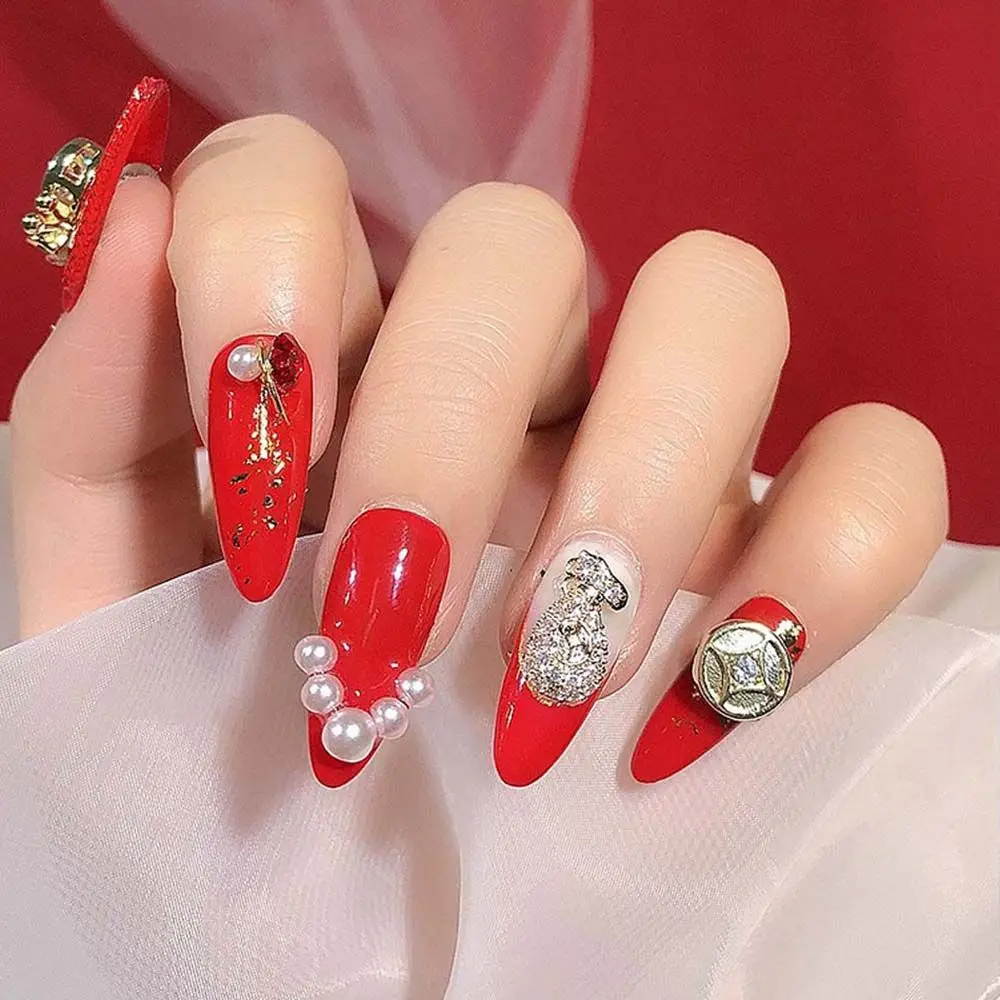 

1 Red Hair Red Fire Lucky Money Bag Nail Art Rhistonestone Zircon Fashion Perforated Nail Art Jewelry Alloy Shiny Nail Charm