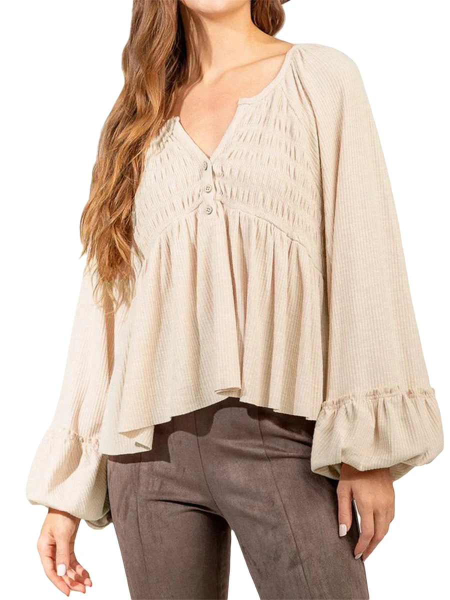 

Футболка женская плиссированная однотонная на пуговицах с длинным рукавом и U-образным вырезом