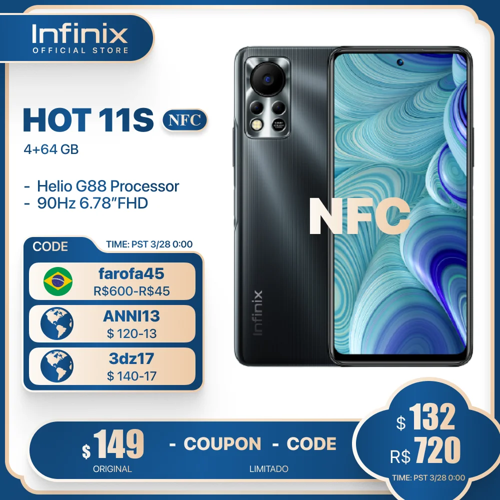 

Смартфон глобальная версия Infinix HOT 11S NFC, 4 + 64 ГБ, 6,78 дюйма, FHD, Helio G88, задняя камера 50 МП, аккумулятор 5000 мАч