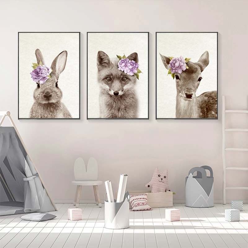 Детский постер с животными красные цветы лиса кролик |