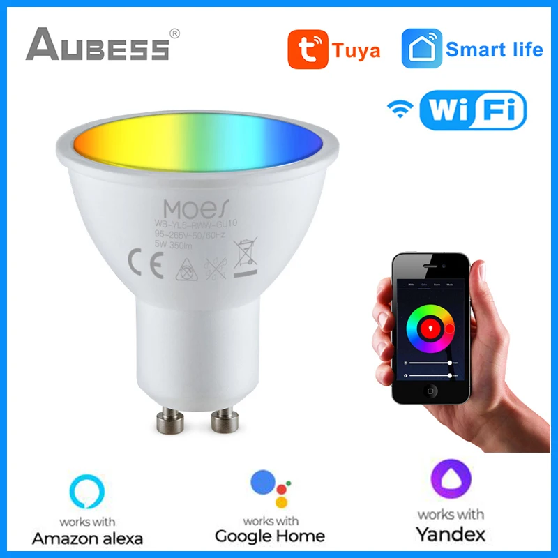 

Aubess Tuya GU10 WiFi Smart Light LED Bulbs RGBCW 5W Dimmable Lamps Smart Life Remote Contro Work With Alexa Google Home Alice