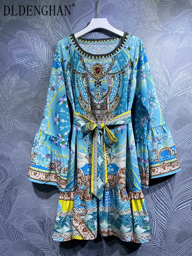 

DLDENGHAN Autumn Women Dress O-Neck Flare Sleeve Crystal Beading Belt Vintage Print Mini Dresses Fashion Designer New