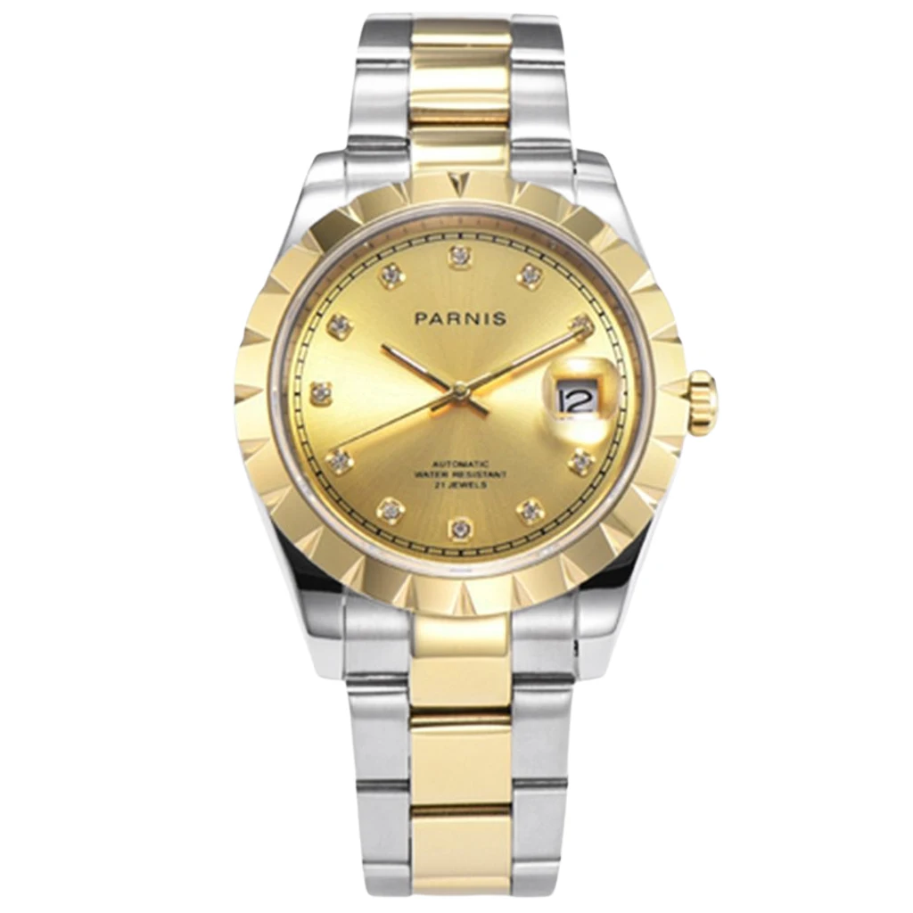 

New Parnis 39mm Mens Top Watch Gold Case Sapphire Crystal Gold Dial Date Window 21 Jewels Miyota Movement Automatic Mens Watch