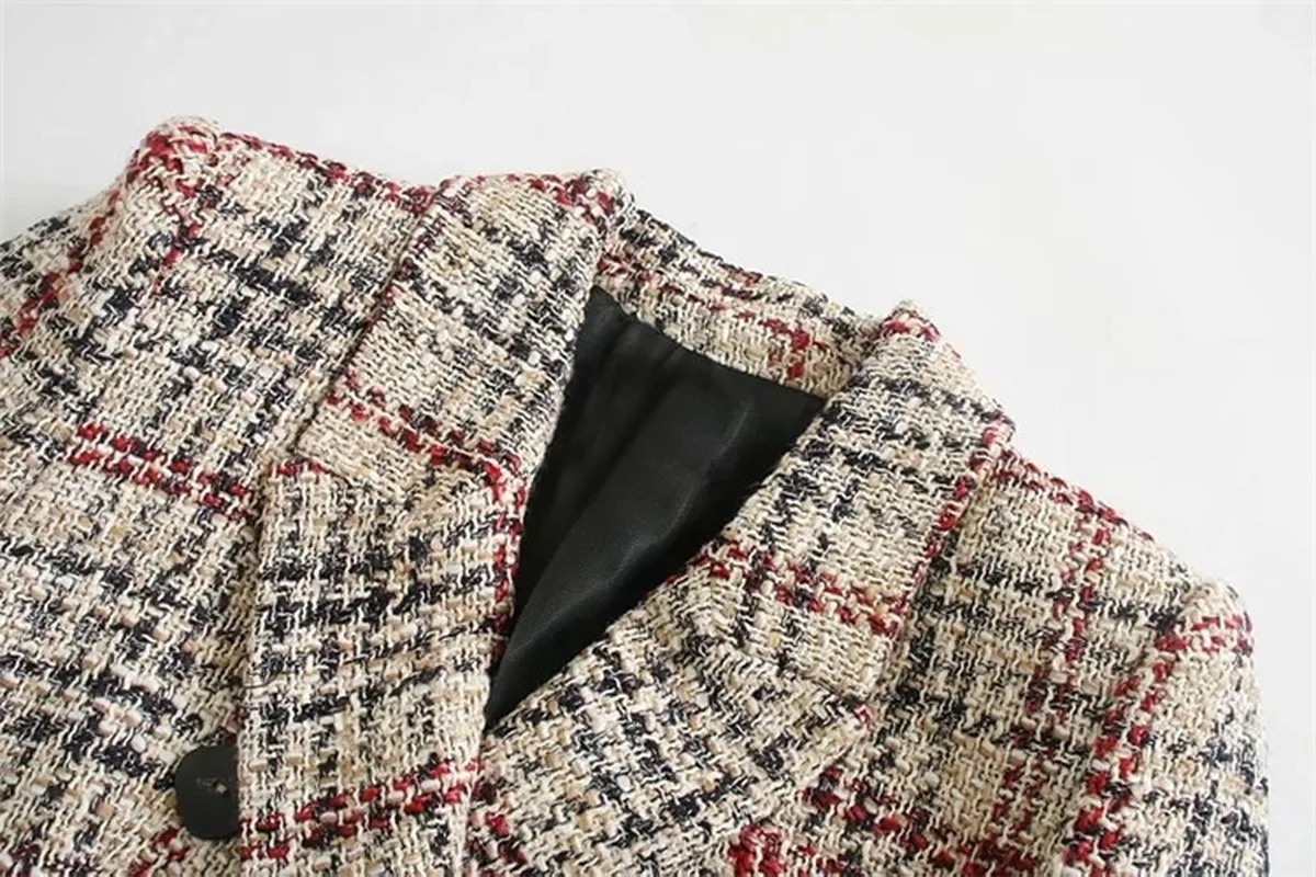 2023 Tweed Plaid Blazer Suit Fashion Contrast Colors Mid Length Coats Women Casual Simple Office Blazer Casual Commute Clothing