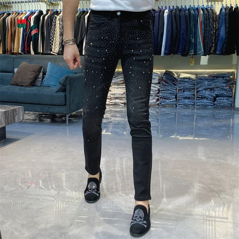 Роскошные черные джинсы с горячим бурением для мужчин High Street Punk Rock Брендовые 2025