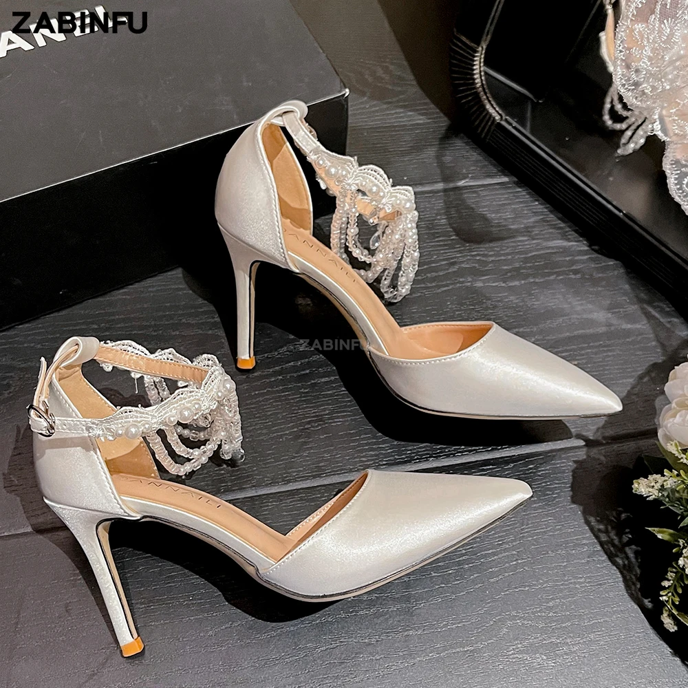 Pearl Tassel Women Heels Luxury Silk Pointed Toe Wedding Shoes Bride Summer Sexy Stiletto Shallow Out Evening Women Heels
