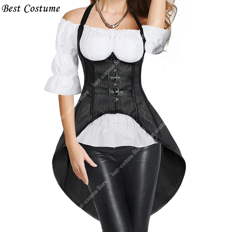 

Steampunk Corset with White Blouse Tops Medieval Reniassance Costume Black Gothic Striped Corset Vest Long Straps