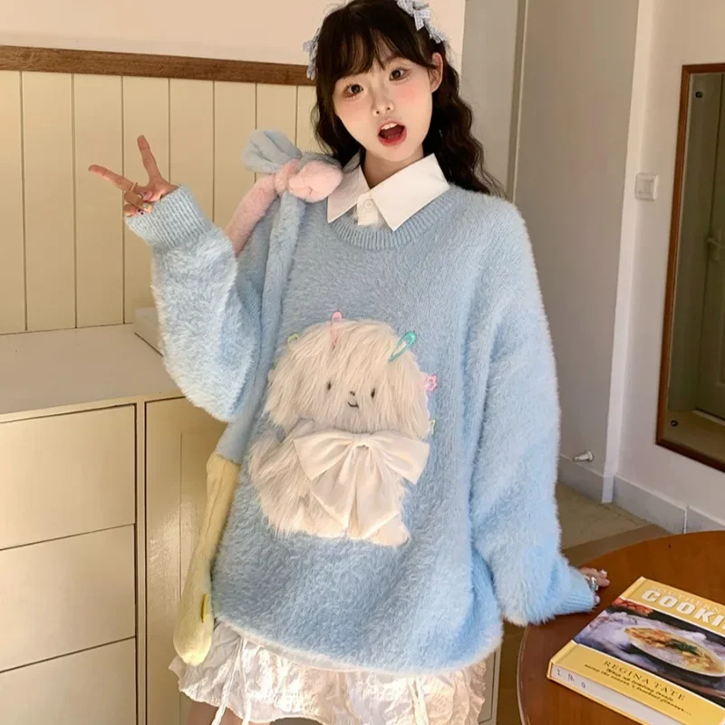Pullovers Women Lovely Girls Korean Style Cartoon 3D Bow Chic Warm Autumn Winter Long Sleeve O-neck Loose College All-match Sute