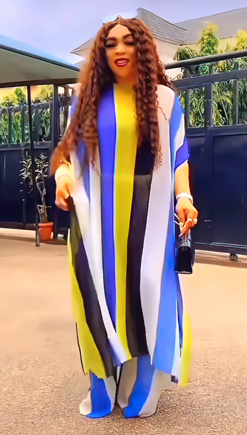 Plus Size New Women's Fashion Chiffon Stripe Print Oblique Shoulder Trousers Two Piece Loose Sleeveless Casual Perspective Set