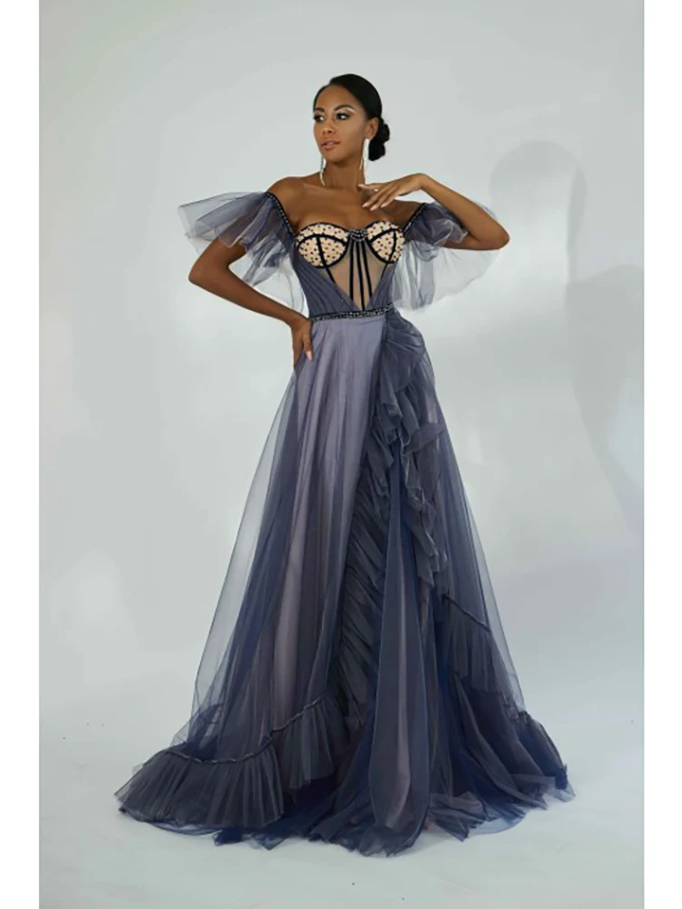 

Женское вечернее платье до пола, плиссированное платье из тюля с открытыми плечами, без рукавов, с высоким разрезом, бисером и открытой спиной