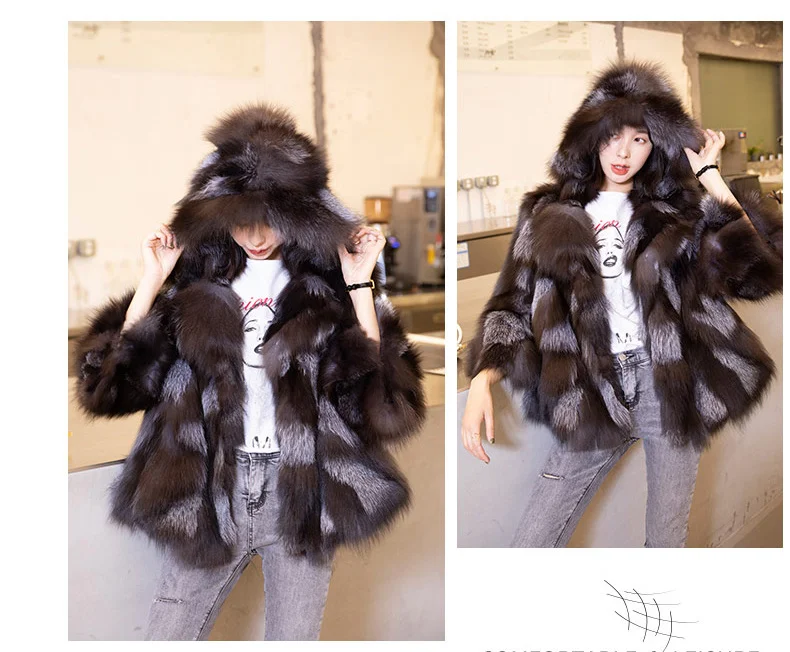 

real New natural genuine sliver fox fur coat with hood women's fashion warm winter waistcoats jacket custom any size