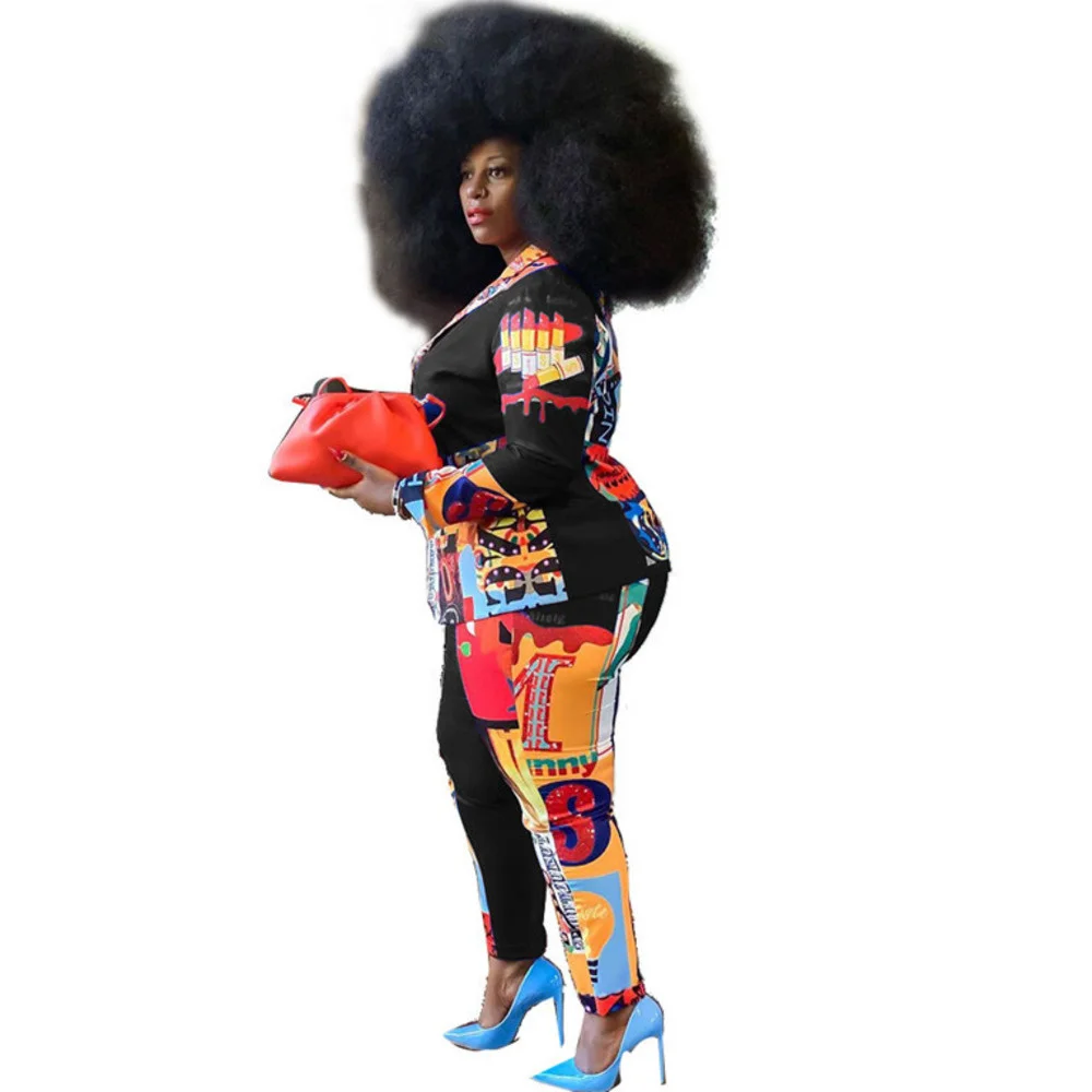 Plus Size Clothing Two Piece Set Women Print Jacket Shirt Pants Outfit Office Ladies Fall Winter Whole 3xl 4xl 5xl 6xl