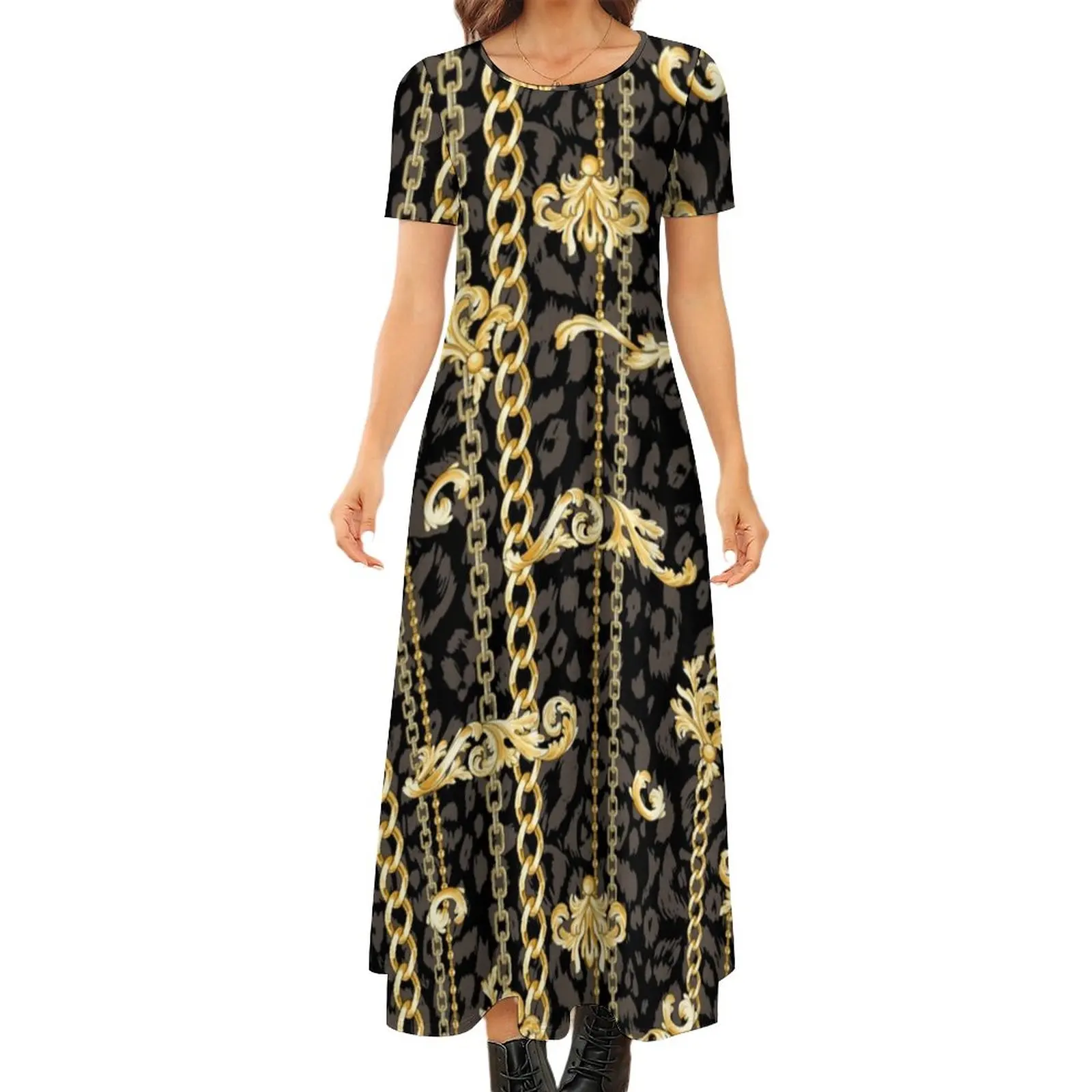 

Golden Chains Print Dress Gold Paisley Retro Maxi Dress Short Sleeve Street Fashion Bohemia Long Dresses Womens Oversize Vestido