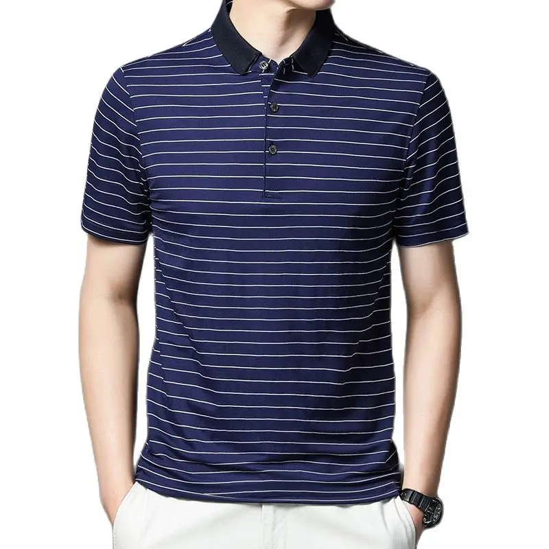 

Summer New Men's Striped Short-sleeved Polo Shirt Middle-aged Business Casual Lapel Short-sleeved Tshirt Breathable Men Clothing