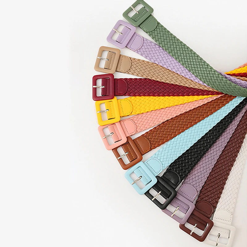 

1PC New Candy Color Simple Woven Belt Fashion Korean Version Square Buckle Pin Buckle Belt For Young Women