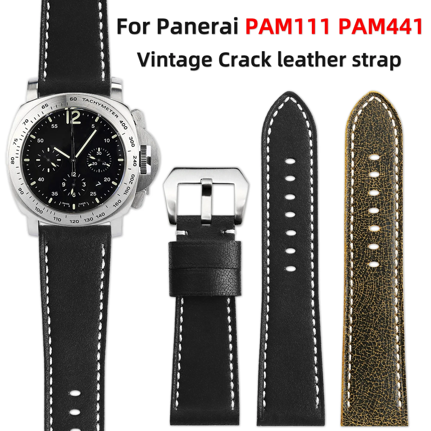 Фото Винтажный кожаный ремешок Crazy Horse 24 мм 26 мм для Panerai PAM111 PAM441 серии Luminor, мужской ремешок для часов из воловьей кожи, аксессуары №2