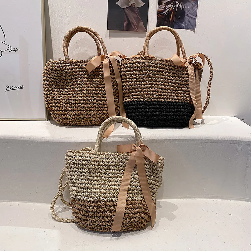 

Women Straw Woven Shoulder Bag Hit Colors Shoulder Summer Woven Pouch for Women Handmade Traveling Handbags