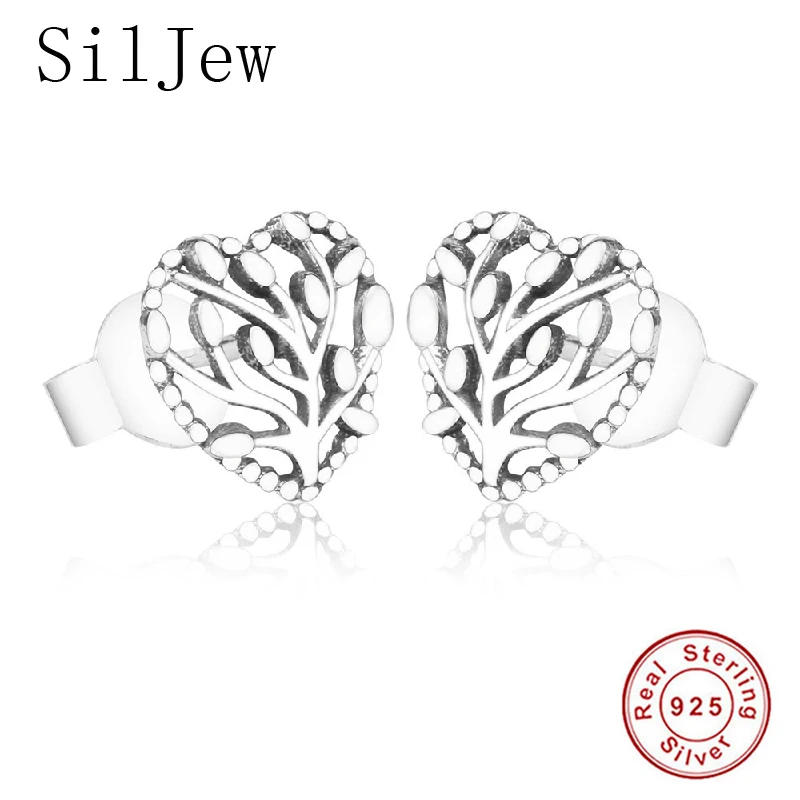 

SilJew Authentic 925 Sterling Silver Simplicity Family Tree Heart Stud Earrings for Women Girls Fine Jewelry Gift Oorbellen