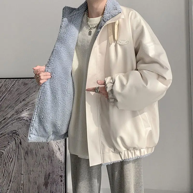 Men Jacket PU Leather and Lamb Wool Two-sided Wear Padded Jacket Autumn Winter Hip Hop Thick Warm Oversize Coat Punk Streetwear