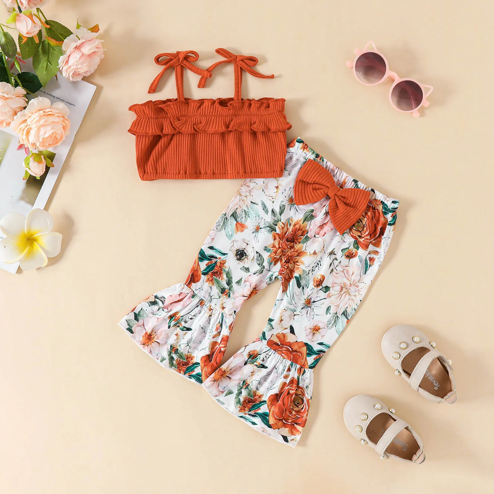 

Футболка без рукавов для маленьких девочек; Жилет; Топы с цветочным принтом; Брюки-колокольчики; Брюки Детские комплект; 6T; Одежда для девочек