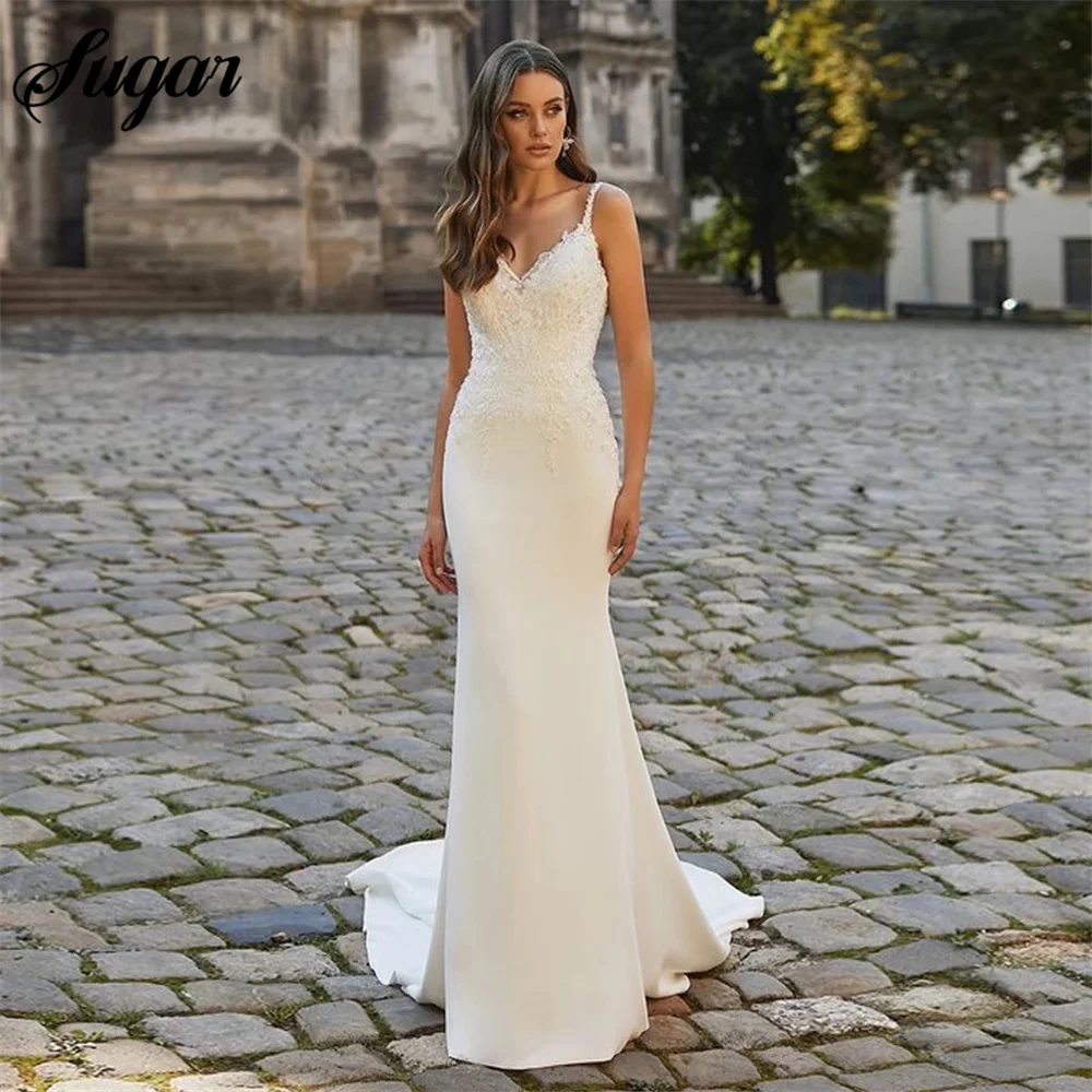 Купи Spaghetti Straps Mermaid Wedding Dresses 2023 V-Neck Lace Appliques Elegant Ivory Bridal Gown Custom Made Sleeveless Sweep Train за 4,740 рублей в магазине AliExpress