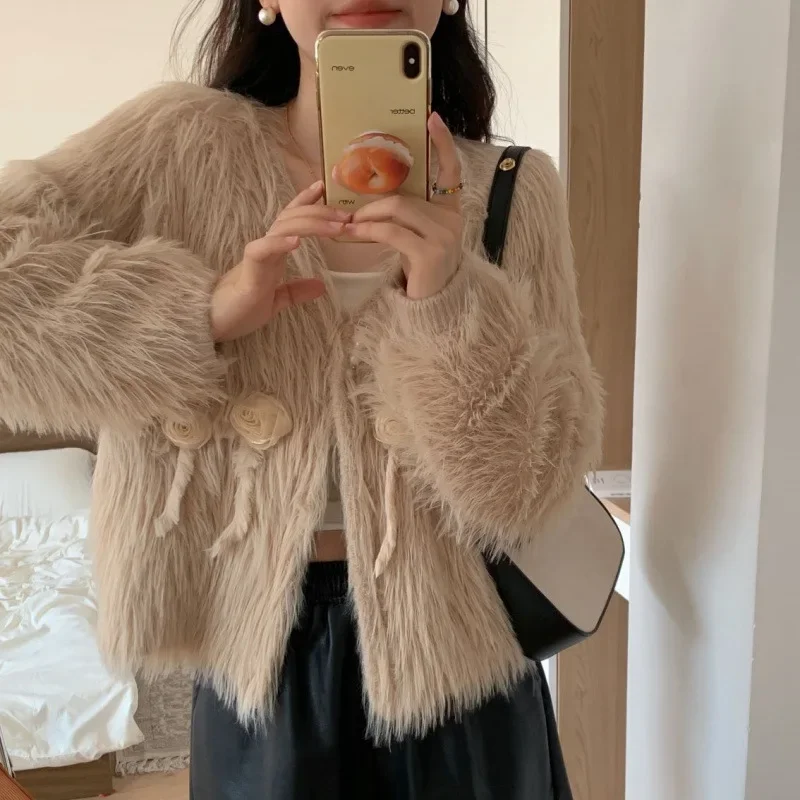 Женская осенне-зимняя куртка из лисьего меха с цветами мягкий теплый кардиган в