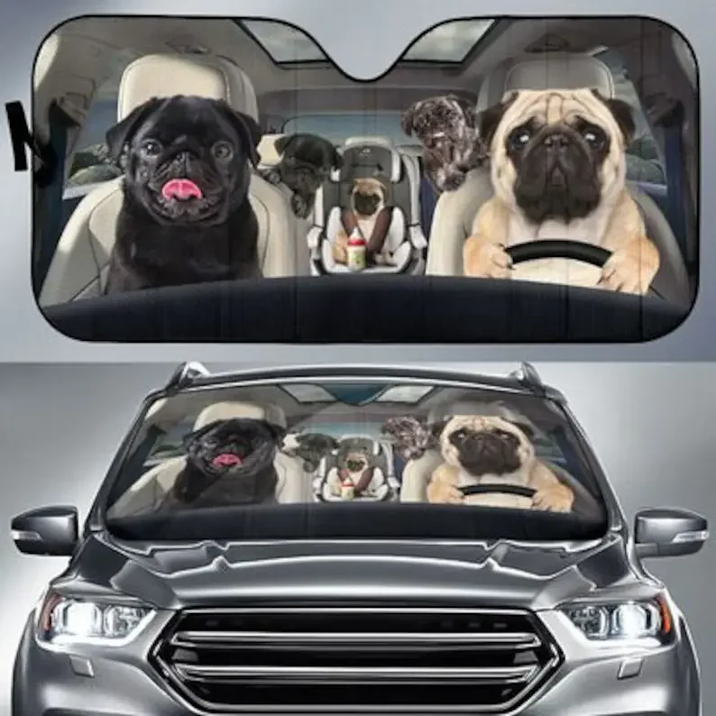Pug Family Funny Safe And Driver Auto Sun Shade Windshield Sunshade, Custom Animal Pattern Sunshade,STYLE FOR CAR