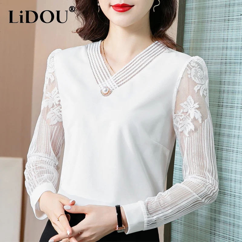 

Chic Grace V-neck Beaded Long Sleeve Blouses Women Autumn Lace Hook Flower Splice Mesh Office Lady Shirt Fashion Tops Pullovers