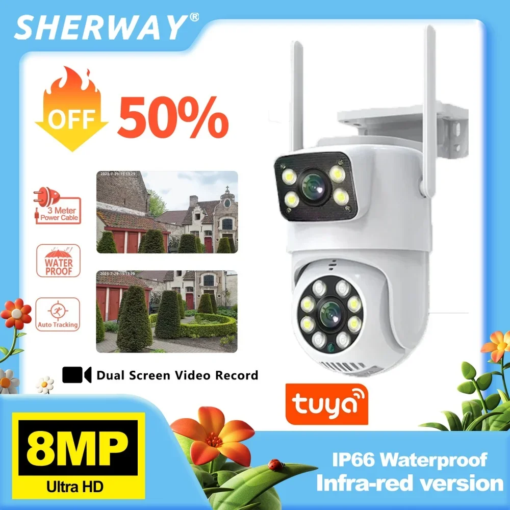 

SHERWAY 8MP 4K Dual Lens PTZ WIFI Camera Dual Screen AI Mobile Detection Intelligent Tracking Waterproof Outdoor Camera Tuya