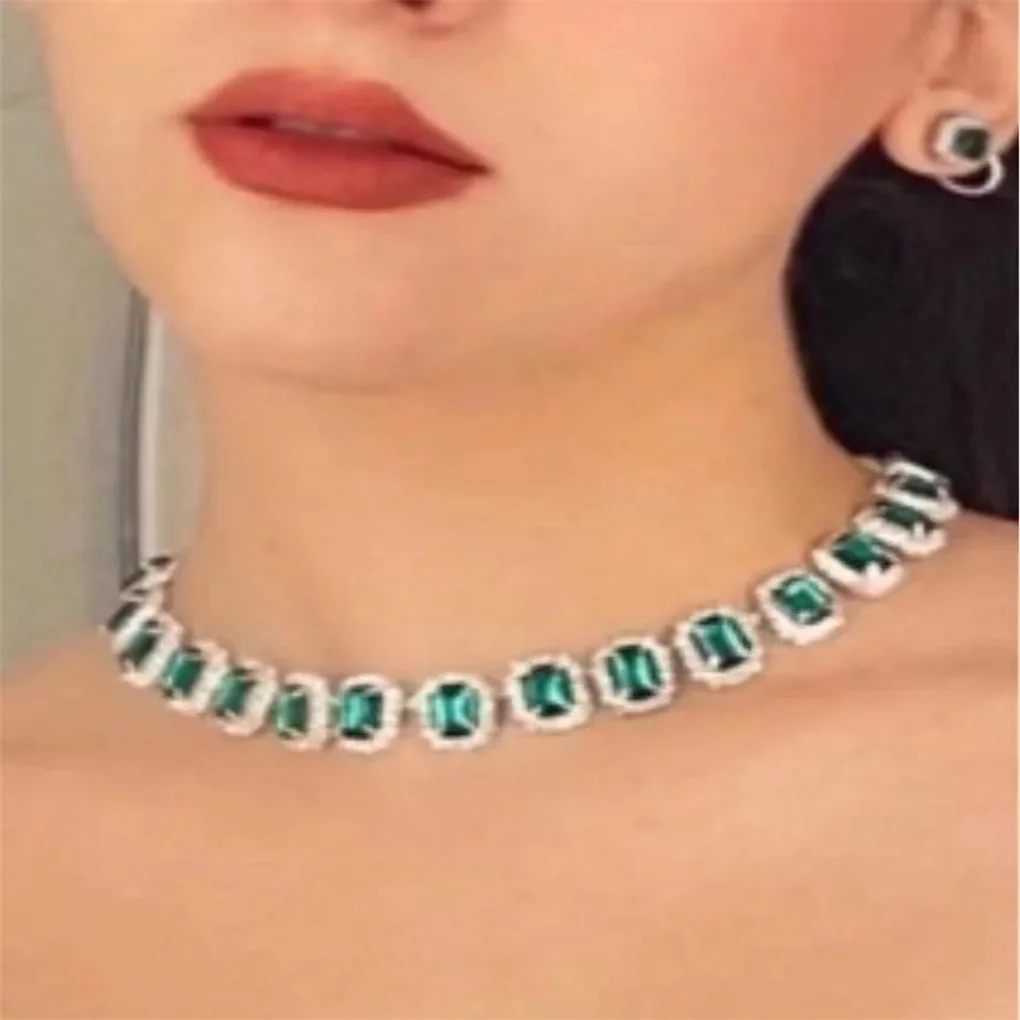 Hot Sale Luxury Green Crystal Collar Chain Women's Necklace Statement Jewelry Rhinestone Cube Gold Sequins Necklace Accessories