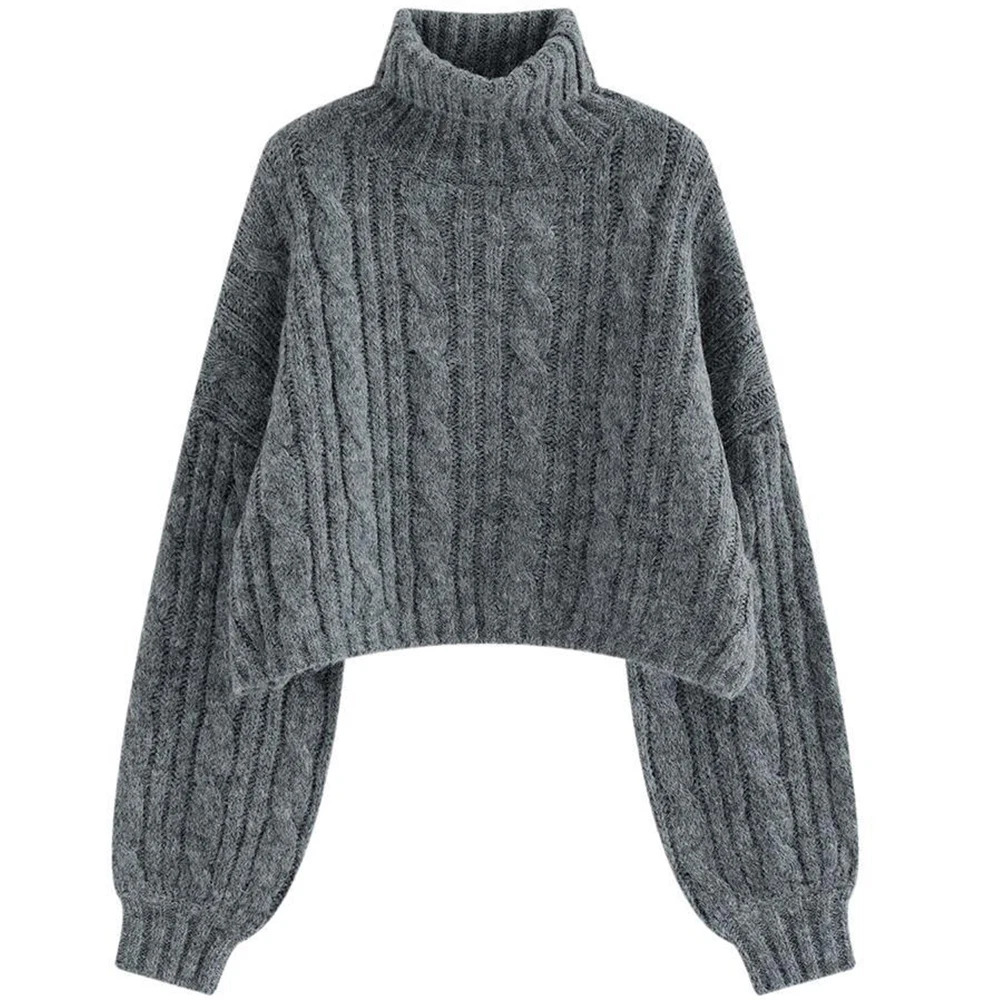 

French Chunky Sweater Women Grey High Neck Short Sweater Turtleneck Twist Loose Sweater Top Thickened Autumn and Winter