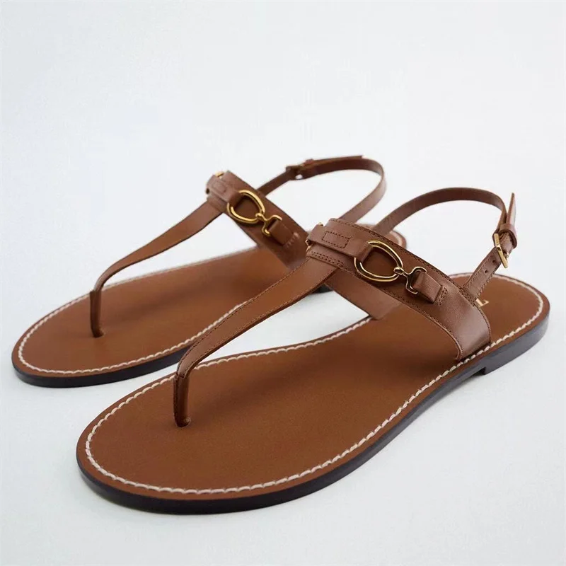

ZRACK 2022 New Summer Fashion Rome Women Sandals Flats Slippers PU Leather Flip Flops Buckle Female Shoes Casual Plus Size 41