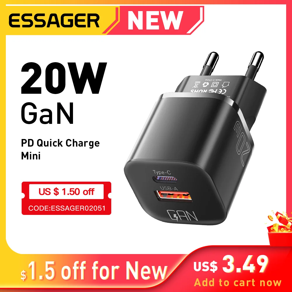  Essager 20W GaN USB Type C Charger PD Fast Charge Phone QC 3.0 Quick Chargers For iPhone 14 13 12 11 Pro Max Mini iPad Charging 