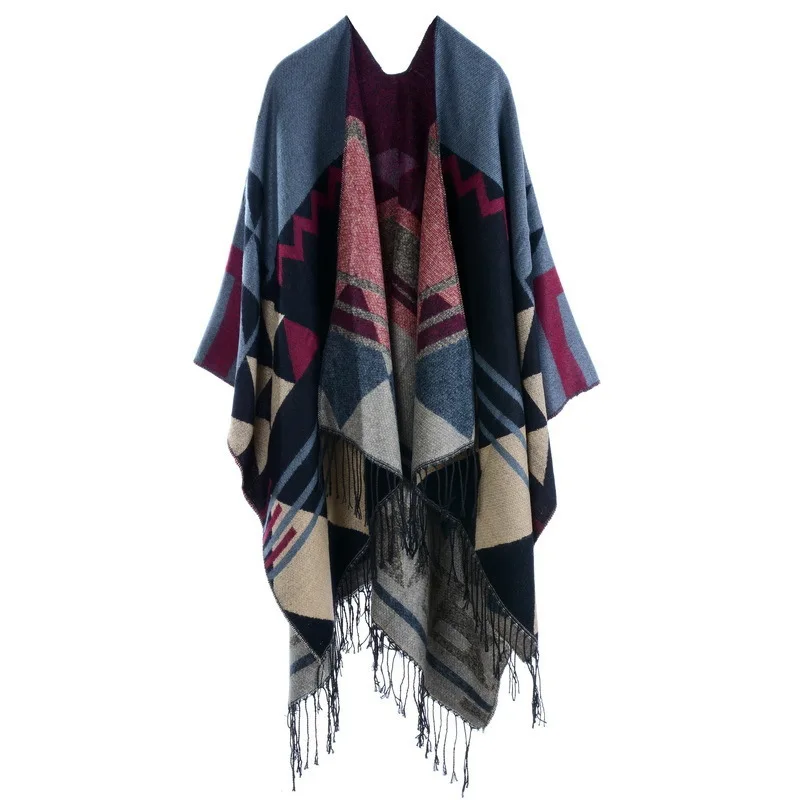 Autumn Winter Geometric pattern tassel Double sided Split Warm Cape Women Imitation Cashmere  Poncho Lady Capes Red Cloaks