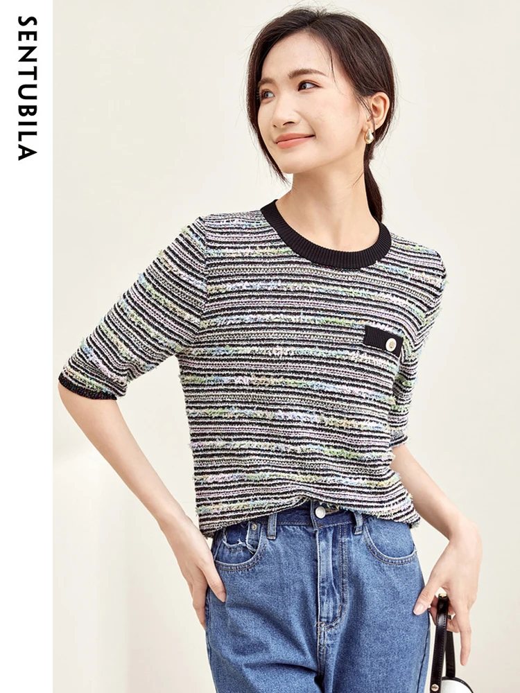 Женский полосатый свитер Sentubila трикотажный пуловер с круглым вырезом и коротким