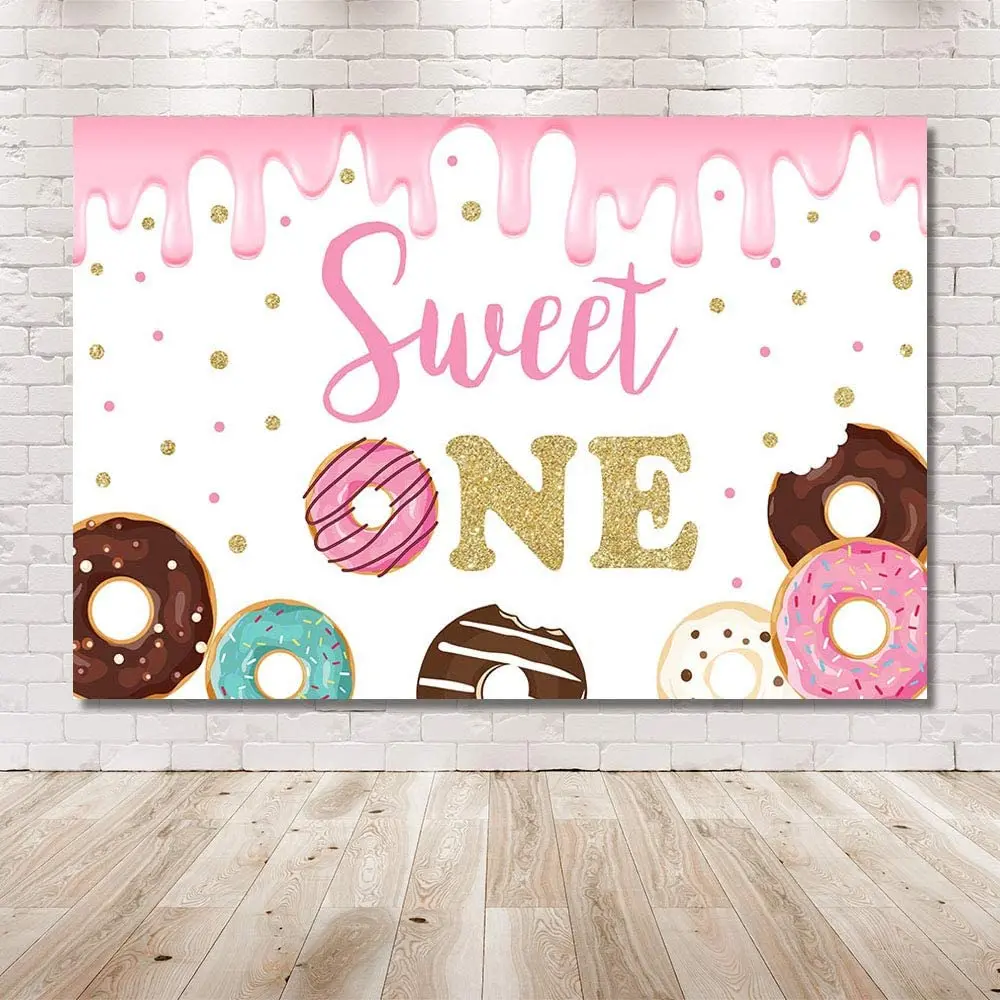 

Donut Sweet One Birthday Party Photo Background Pink and Gold Girl Happy 1st Birthday Donut Grow Up Banner Photography Backdrops