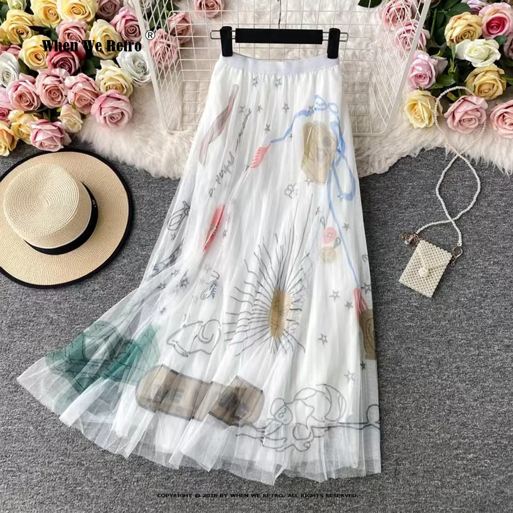 

Милая плиссированная юбка из тюля с цветочным принтом, Женская длинная трапециевидная юбка на весну, лето, пляжная юбка с высокой талией, модель RS029
