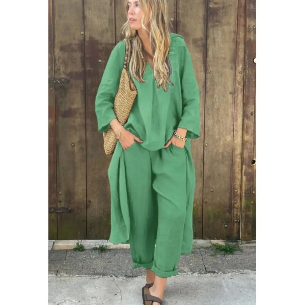 Новые летние модные хлопковые льняные брюки женский комплект из 2 предметов