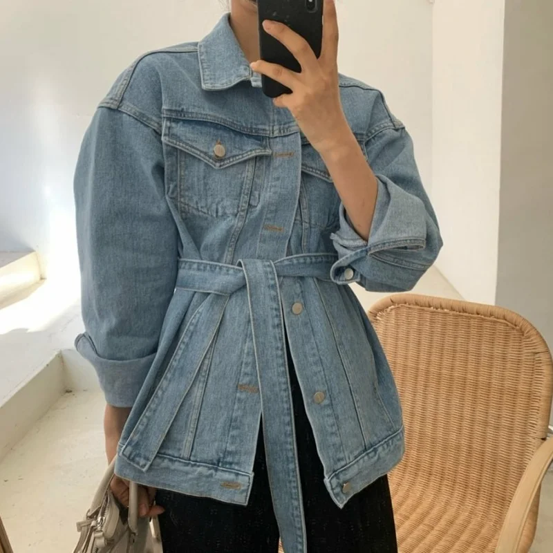 

2021 Summer New Jeans Coat Female Casual Vintage Y2k Blue Ladies Coats Korean Fashion Chic Denim Jackets for Women Sashes Loose