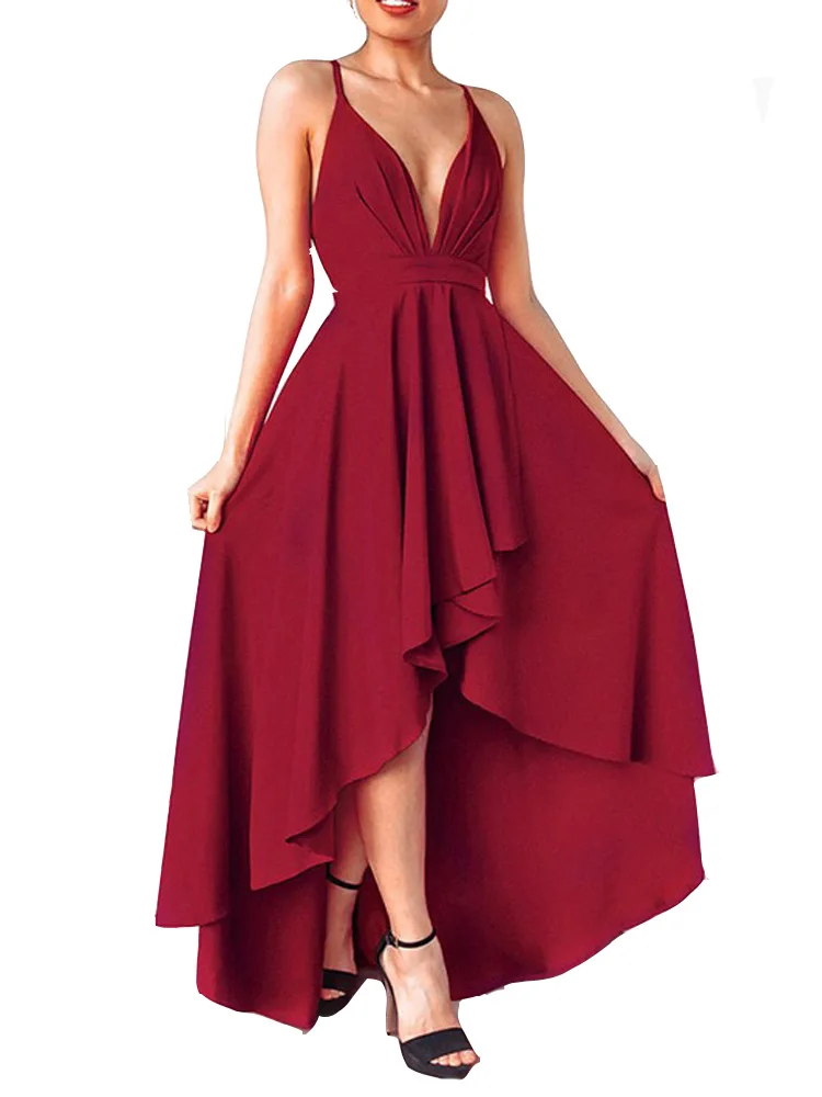 

REPHYLLIS Women Summer Strappy Sexy V Neck High Low Cocktail Party Evening Ceremony Wedding Guest Graduation Dress Elegant Long