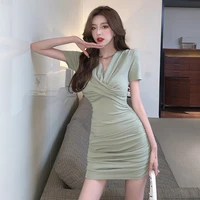 summer womens french sexy v neck mini dress 2022 new fashion slim pleated wrap hip skirt mature temperament ladies clothes