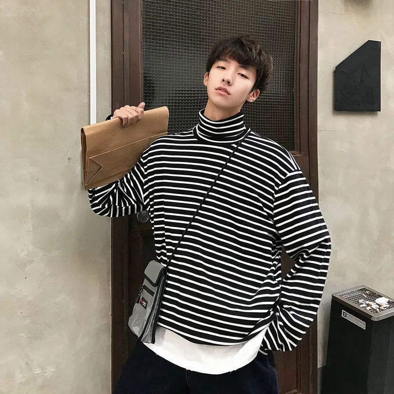 Harajuku Loose Fit Striped Tshirt Men Turtleneck Pocket Oversized T Shirt For Autumn Winter Clothing Camisas Casual Top | Мужская одежда