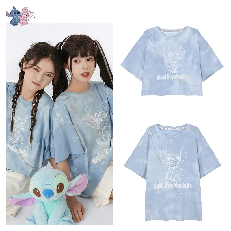Disney Sticth Anime Cute Cartoon Short-sleeved Kawaii Casual All-match Tie-dye T-shirt Boudoir Honey Outfit Navel Outfit Summer