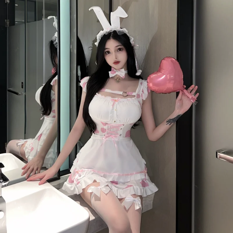 

Sexy Pink Maid Costume Outfit Halloween Bunny Suit Cosplay Women Sweet Cute French Servant Lolita Babydoll Dress Uniform