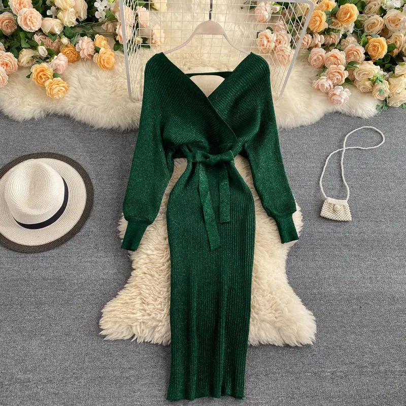 

Spring Sparkling Sexy Party Midi Dress Woman Sweater Elegant Slim Knitted Green Vintage Vestidos Female Long Sleeve Clothes