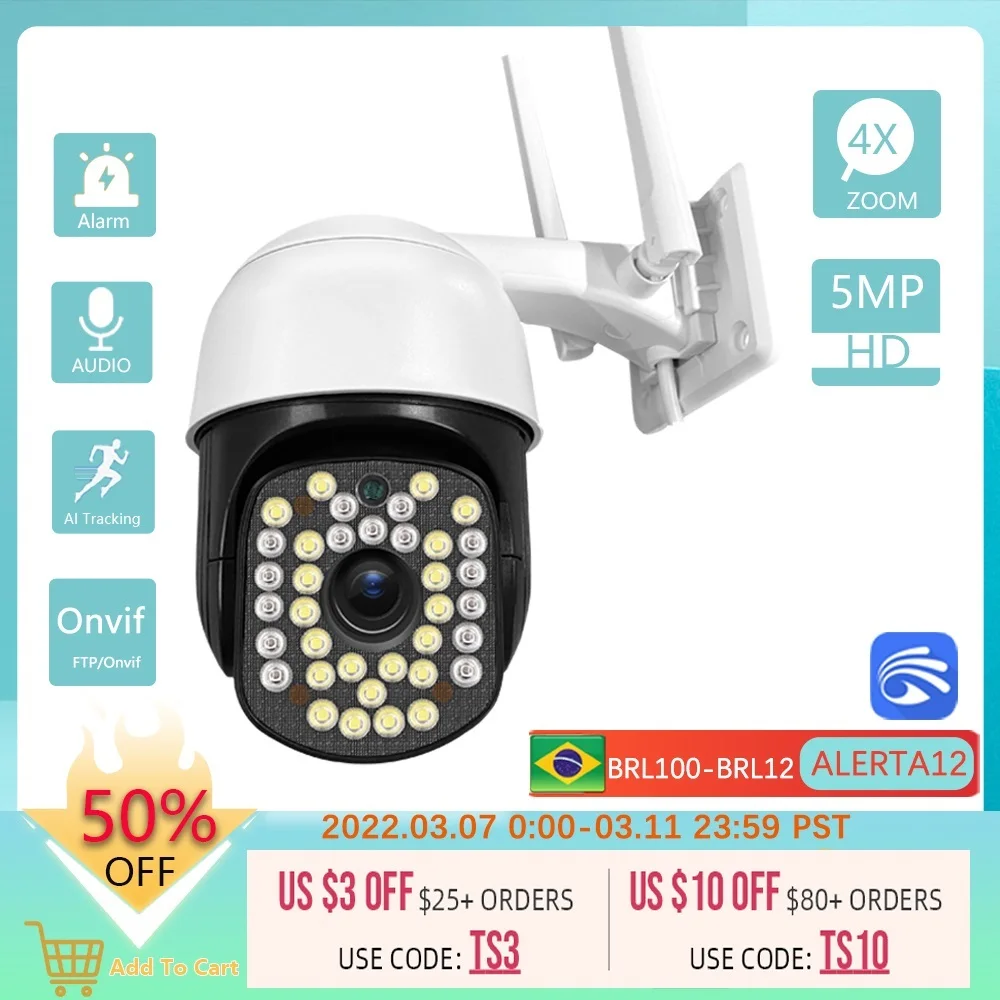 

2022 5MP Security Protection WIFI Camera Video Surveillance Outdoor PTZ 4.0X Digital Zoom Night Vision Onvif AI Auto Tracking